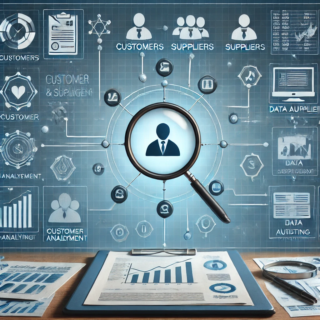 DALL·E 2024 12 12 15.52.05 A modern and professional illustration representing data driven auditing for customer and supplier management. The image features interconnected icons