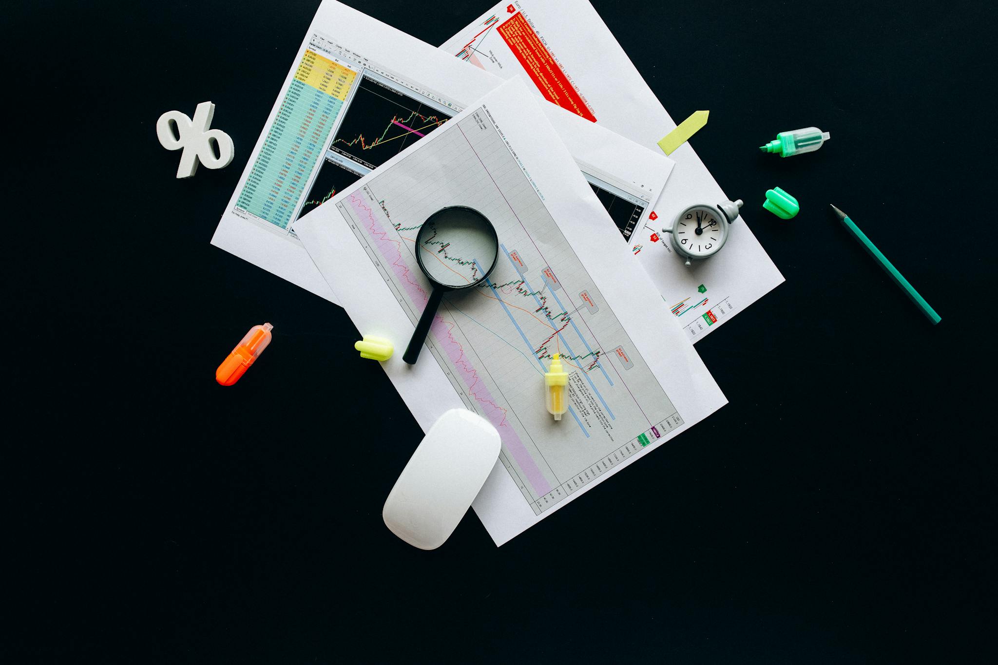 overhead view of an office desk with