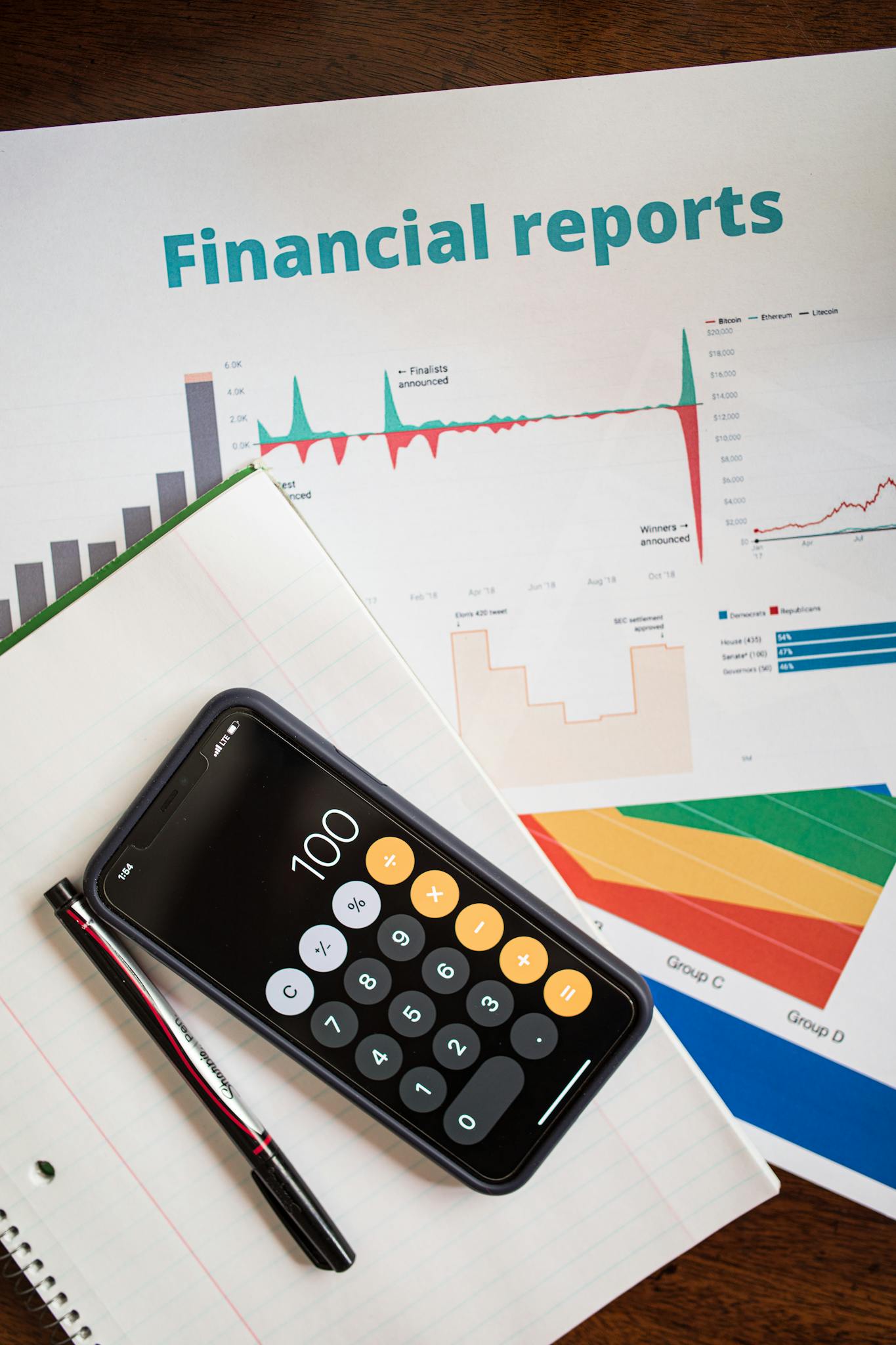 top view of financial reports with a